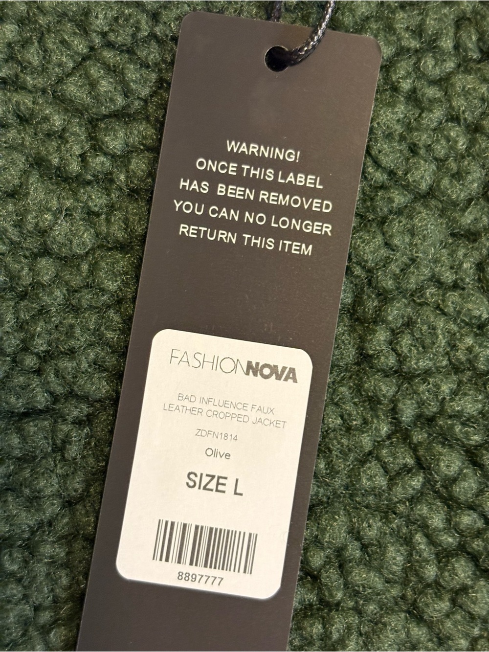 NWT Fashion Nova Green Cropped Faux Leather Bomber Jacket w/Faux Fur Trim SZ L - Picture 11 of 16